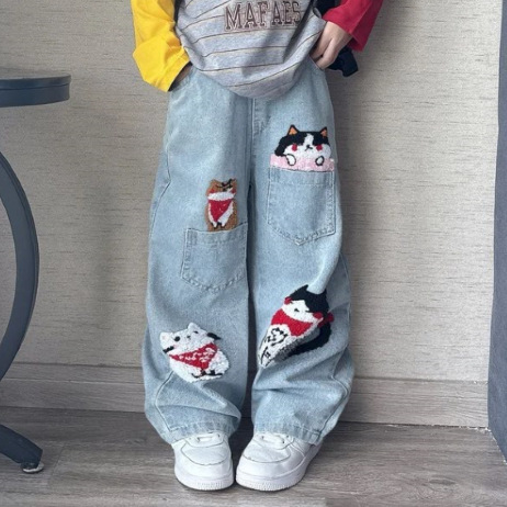 Djevojčice jesenji dvodijelni set od denima sa širokim hlačama i puloverom s dugim rukavima