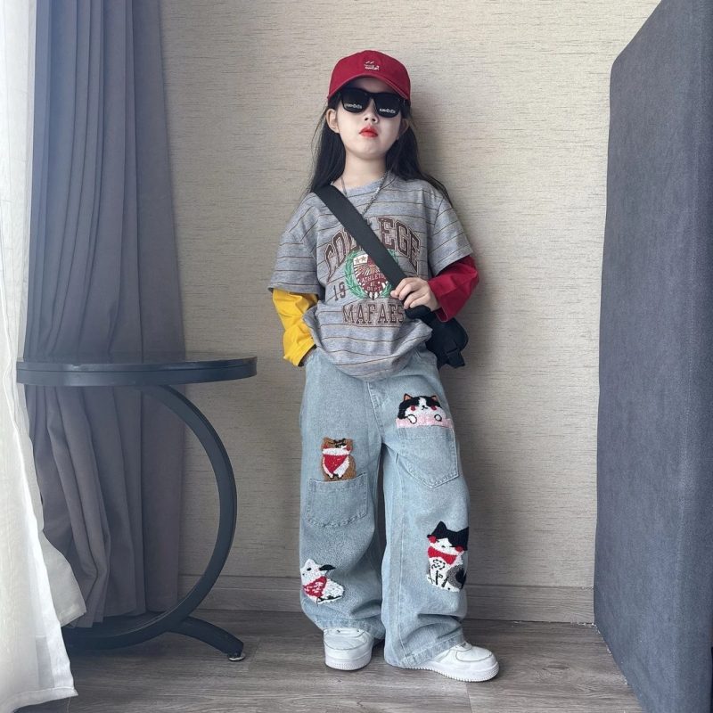 Djevojčice jesenji dvodijelni set od denima sa širokim hlačama i puloverom s dugim rukavima