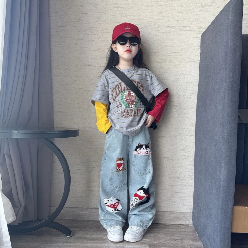 Djevojčice jesenji dvodijelni set od denima sa širokim hlačama i puloverom s dugim rukavima