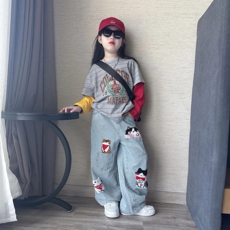 Djevojčice jesenji dvodijelni set od denima sa širokim hlačama i puloverom s dugim rukavima