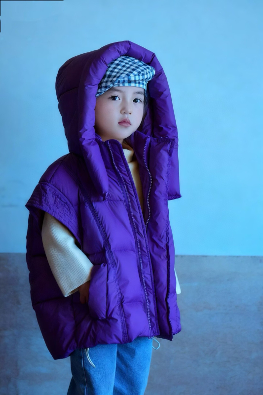 Bērnu kapučas veste ar korejiešu stilu, pildījums no balta pīļu pūka, ārējais materiāls 100% poliesters, rāvējslēdzējs