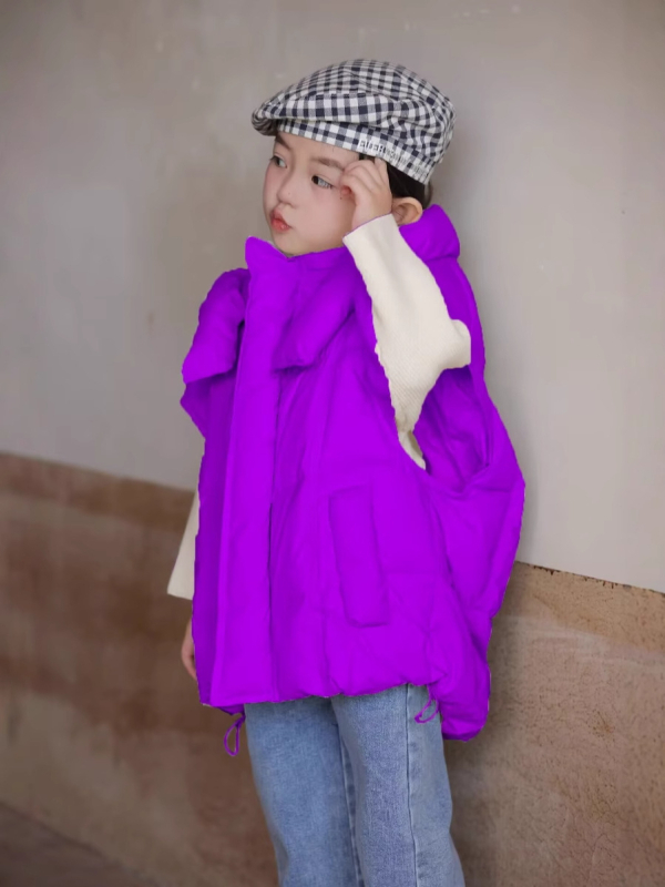 Bērnu kapučas veste ar korejiešu stilu, pildījums no balta pīļu pūka, ārējais materiāls 100% poliesters, rāvējslēdzējs