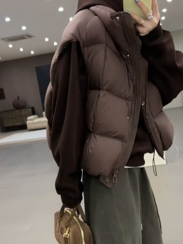 Ženski prsluk od perja i pamuka, stojeći ovratnik, ležerni kroj, kratka silueta, zima 2025