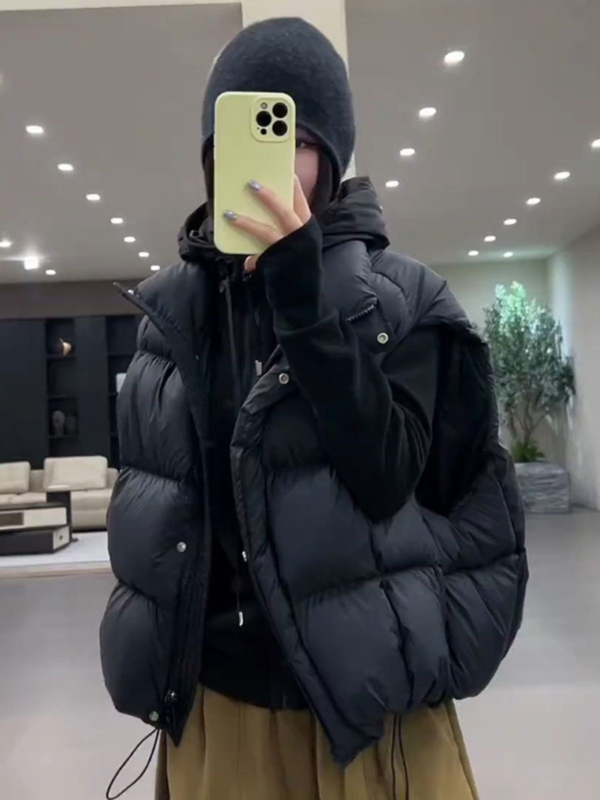 Ženski prsluk od perja i pamuka, stojeći ovratnik, ležerni kroj, kratka silueta, zima 2025