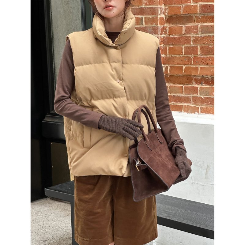 Minimalistična vesta s perjem u korejskom stilu, srednja debljina, pamukasta tkanina, 86–90% bijelog gusjeg pera, prednji zip, stojeći ovratnik, jesen 2025, ženski casual