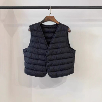 Medvilninė liemenė su antis pūkų įdaru, V kaklo, japoniško stiliaus, įprastas ilgis 50–65 cm, stora