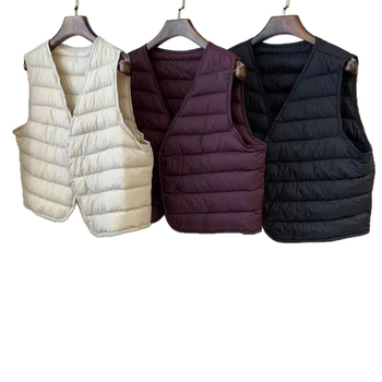 Medvilninė liemenė su antis pūkų įdaru, V kaklo, japoniško stiliaus, įprastas ilgis 50–65 cm, stora