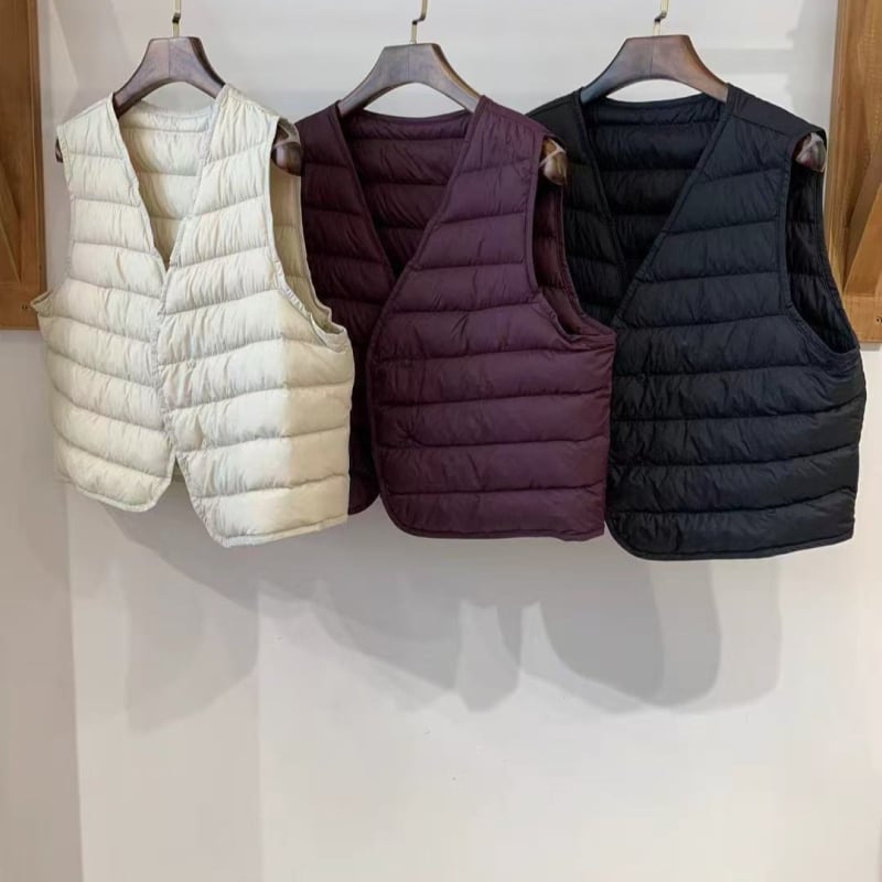 Medvilninė liemenė su antis pūkų įdaru, V kaklo, japoniško stiliaus, įprastas ilgis 50–65 cm, stora