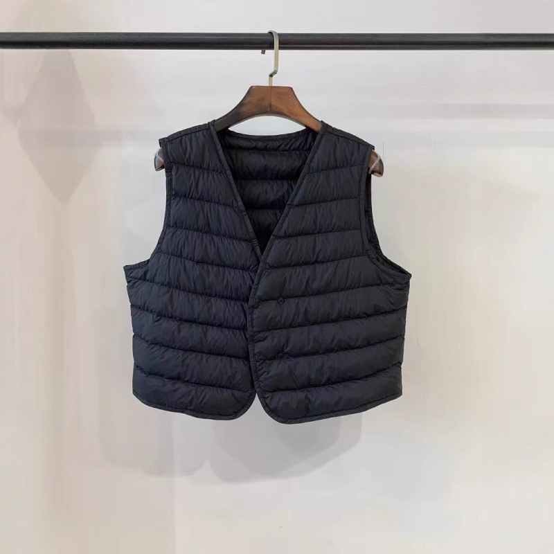 Medvilninė liemenė su antis pūkų įdaru, V kaklo, japoniško stiliaus, įprastas ilgis 50–65 cm, stora