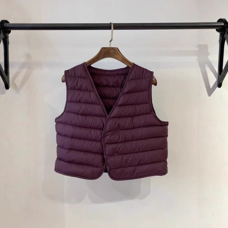 Medvilninė liemenė su antis pūkų įdaru, V kaklo, japoniško stiliaus, įprastas ilgis 50–65 cm, stora