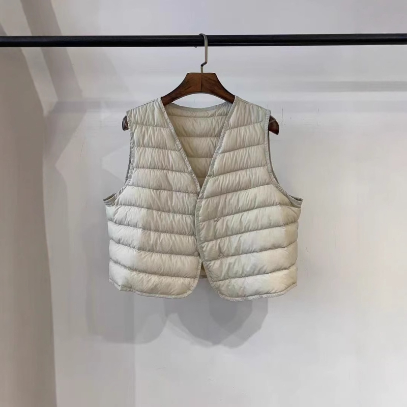 Medvilninė liemenė su antis pūkų įdaru, V kaklo, japoniško stiliaus, įprastas ilgis 50–65 cm, stora