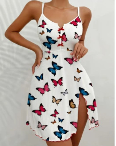 Rochie de noapte cu imprimeu inimă, deschidere frontală cu bretele, decolteu în V, fără mâneci | Poliester, țesătură subțire, 161-180 g/m², toate sezoanele