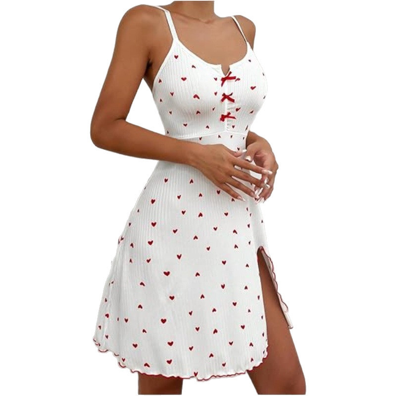 Rochie de noapte cu imprimeu inimă, deschidere frontală cu bretele, decolteu în V, fără mâneci | Poliester, țesătură subțire, 161-180 g/m², toate sezoanele