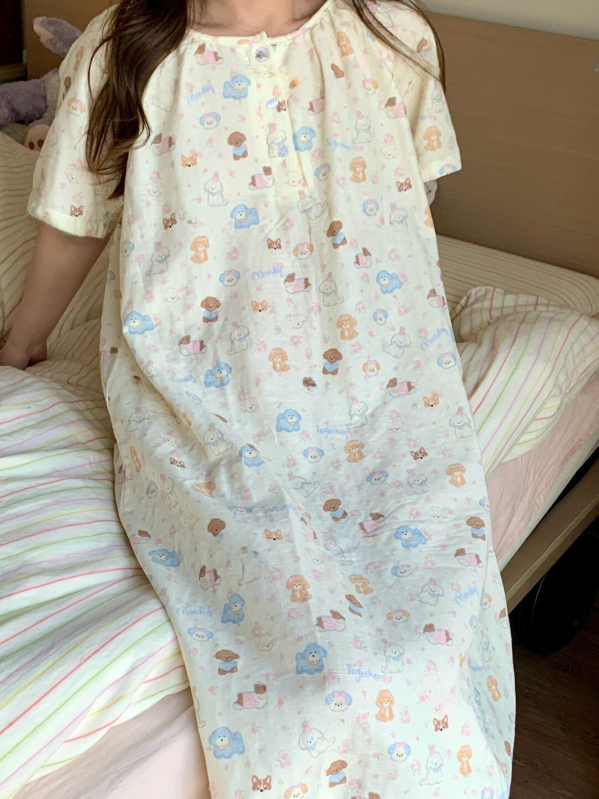 Poliester noćna haljina za ljeto, s kružnim izrezom, opuštenog kroja, 3/4 rukavi, duga suknja – prozračne kućne pidžame za mlade žene