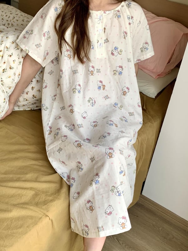 Poliester noćna haljina za ljeto, s kružnim izrezom, opuštenog kroja, 3/4 rukavi, duga suknja – prozračne kućne pidžame za mlade žene