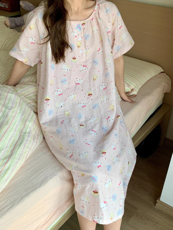 Poliester noćna haljina za ljeto, s kružnim izrezom, opuštenog kroja, 3/4 rukavi, duga suknja – prozračne kućne pidžame za mlade žene