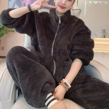 Set de pijamale din fleece coral cu fermoar, guler înalt, grosime 251–300 g/m², pijamale de iarnă pentru femei tinere