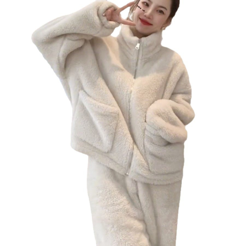 Set de pijamale din fleece coral cu fermoar, guler înalt, grosime 251–300 g/m², pijamale de iarnă pentru femei tinere