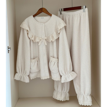 Set de pijamale damă iarnă, stil coreean, Lychee Velvet dublu față, țesătură extra groasă, guler rotund, mâneci lungi, pantaloni, pentru somn și uz casnic, iarna 2025