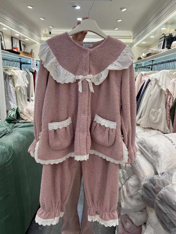 Set de pijamale damă iarnă, stil coreean, Lychee Velvet dublu față, țesătură extra groasă, guler rotund, mâneci lungi, pantaloni, pentru somn și uz casnic, iarna 2025