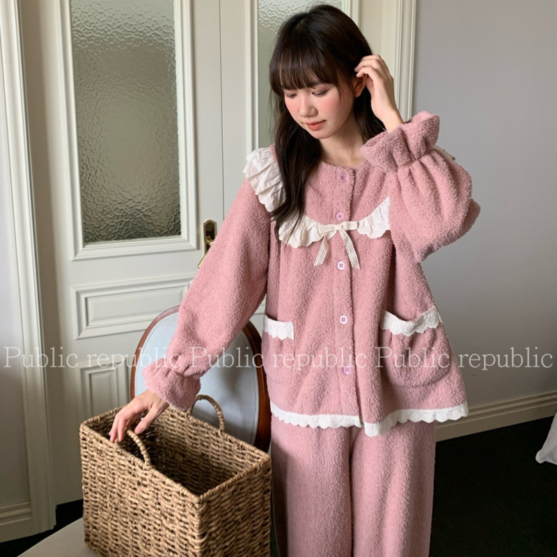 Set de pijamale damă iarnă, stil coreean, Lychee Velvet dublu față, țesătură extra groasă, guler rotund, mâneci lungi, pantaloni, pentru somn și uz casnic, iarna 2025