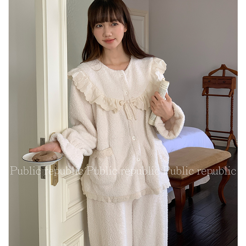 Set de pijamale damă iarnă, stil coreean, Lychee Velvet dublu față, țesătură extra groasă, guler rotund, mâneci lungi, pantaloni, pentru somn și uz casnic, iarna 2025