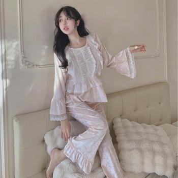 Set pijamale din catifea, stil francez, guler rotund, mâneci lungi, poliester 90–95%