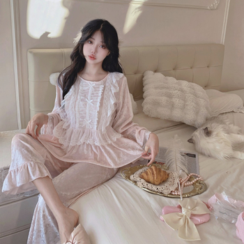 Set pijamale din catifea, stil francez, guler rotund, mâneci lungi, poliester 90–95%