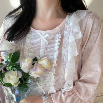 Set pijamale din catifea, stil francez, guler rotund, mâneci lungi, poliester 90–95%