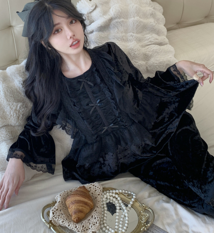 Set pijamale din catifea, stil francez, guler rotund, mâneci lungi, poliester 90–95%