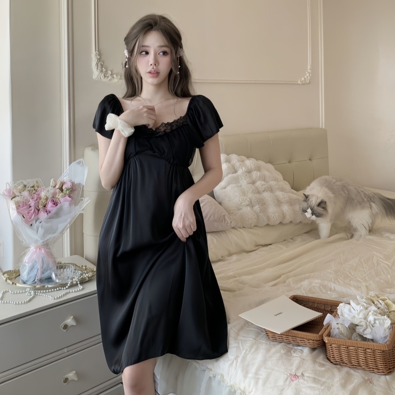 Noptieră Ice Silk, stil zână, croială jednodielna, decolteu în V, mâneci 3/4, ușoară, Poliester 95–100%