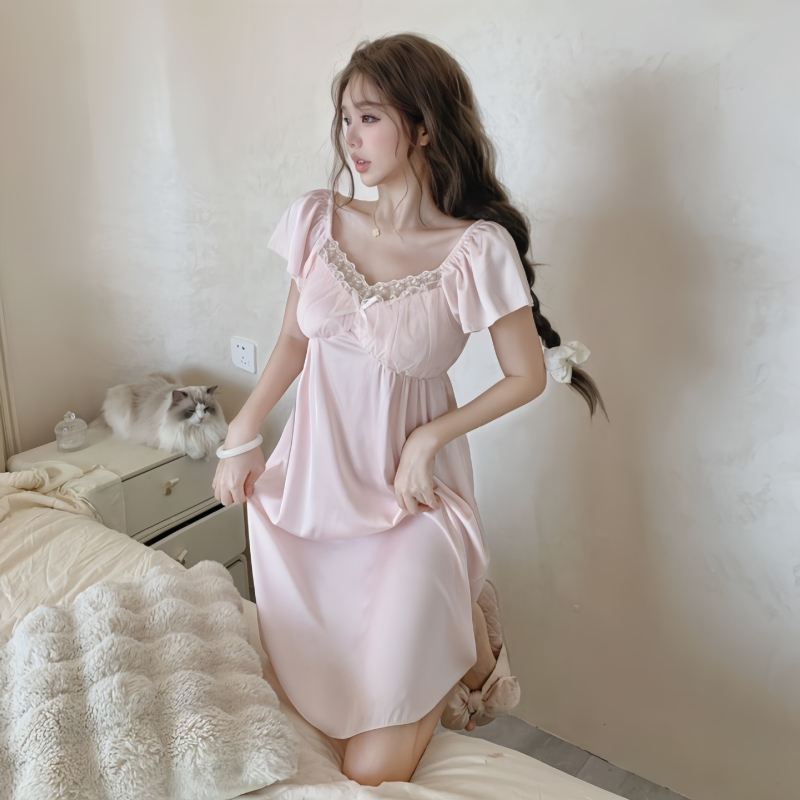 Noptieră Ice Silk, stil zână, croială jednodielna, decolteu în V, mâneci 3/4, ușoară, Poliester 95–100%