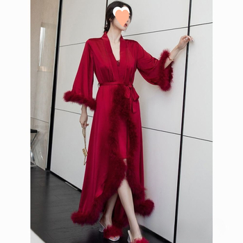 Set halat mireasă și noapte lungă - guler înalt, mâneci lungi, fustă lungă, țesătură semi-velur, stil sexy