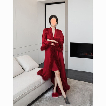 Set halat mireasă și noapte lungă - guler înalt, mâneci lungi, fustă lungă, țesătură semi-velur, stil sexy
