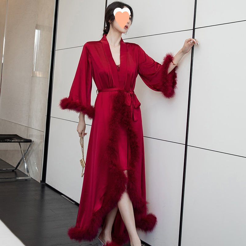 Set halat mireasă și noapte lungă - guler înalt, mâneci lungi, fustă lungă, țesătură semi-velur, stil sexy