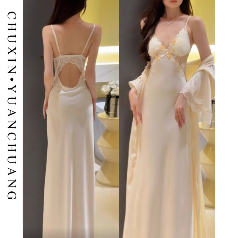 Μακριά νυχτικιά ύπνου με ανοιχτή πλάτη, φρερνς στυλ; δαντελωτές τιράντες και επένδυση στήθους; ύφασμα Ice Silk-βάμβακι 80–90%