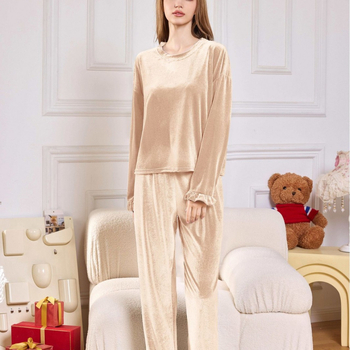 Set de pijamale din catifea pentru femei – două piese, mânecă lungă, guler rotund, top cu volane și pantaloni, poliester, grosime medie (201–250 g/m²)
