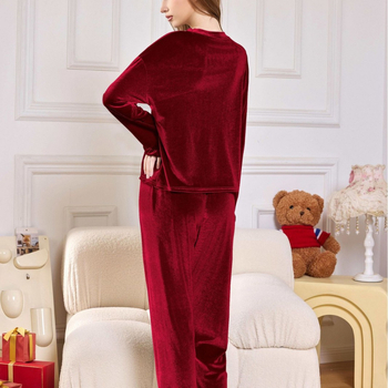 Set de pijamale din catifea pentru femei – două piese, mânecă lungă, guler rotund, top cu volane și pantaloni, poliester, grosime medie (201–250 g/m²)