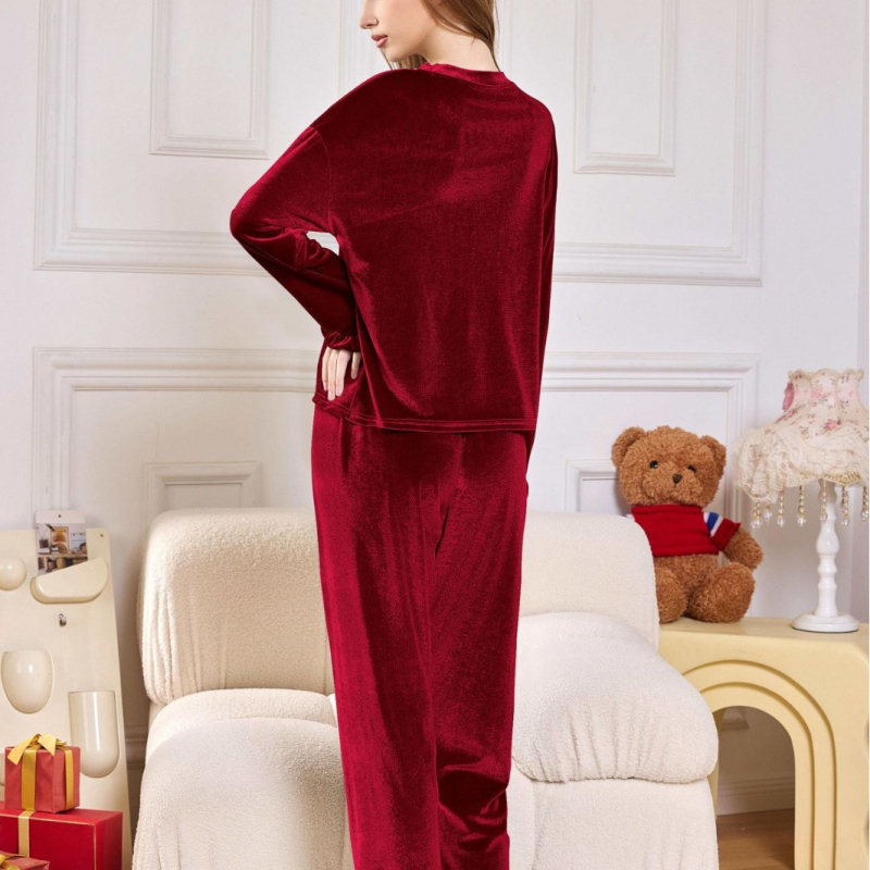 Set de pijamale din catifea pentru femei – două piese, mânecă lungă, guler rotund, top cu volane și pantaloni, poliester, grosime medie (201–250 g/m²)