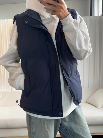 Αντρικό γιλέκο από βαμβακερό μείγμα, σταθερή γιακά, μονόπετο κούμπωμα, χωρίς κουκούλα, μονόχρωμο