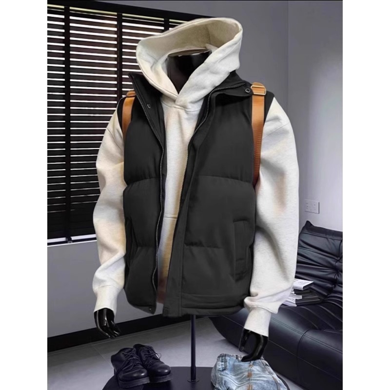 Αντρικό γιλέκο από βαμβακερό μείγμα, σταθερή γιακά, μονόπετο κούμπωμα, χωρίς κουκούλα, μονόχρωμο