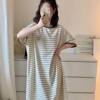 Pijama de noapte din bumbac pentru femei, cu dungi, guler rotund, mâneci 3/4, haine casual pentru casă