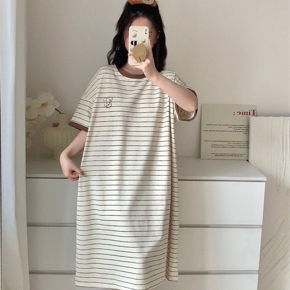 Pijama de noapte din bumbac pentru femei, cu dungi, guler rotund, mâneci 3/4, haine casual pentru casă