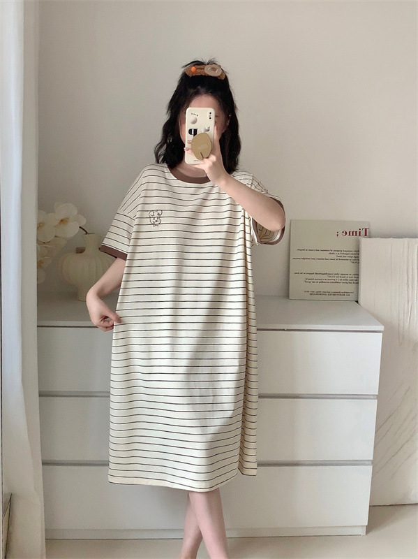 Pijama de noapte din bumbac pentru femei, cu dungi, guler rotund, mâneci 3/4, haine casual pentru casă