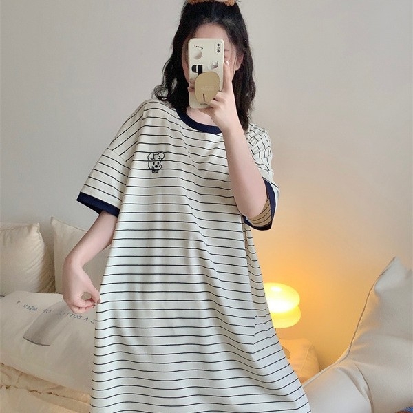 Pijama de noapte din bumbac pentru femei, cu dungi, guler rotund, mâneci 3/4, haine casual pentru casă