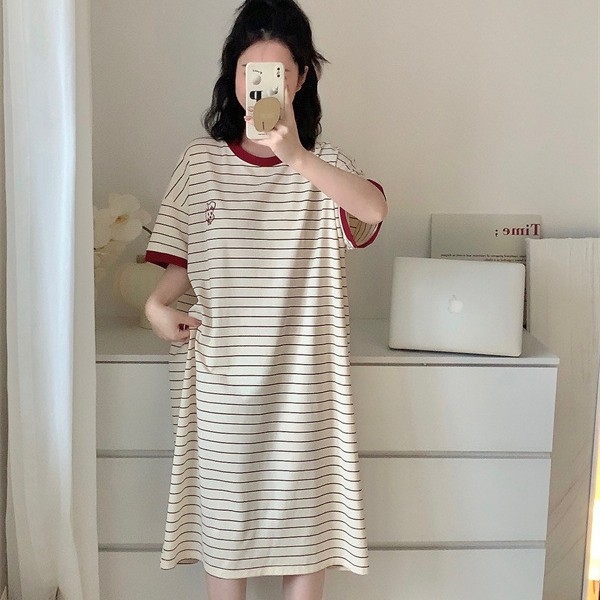 Pijama de noapte din bumbac pentru femei, cu dungi, guler rotund, mâneci 3/4, haine casual pentru casă