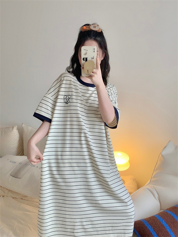 Pijama de noapte din bumbac pentru femei, cu dungi, guler rotund, mâneci 3/4, haine casual pentru casă