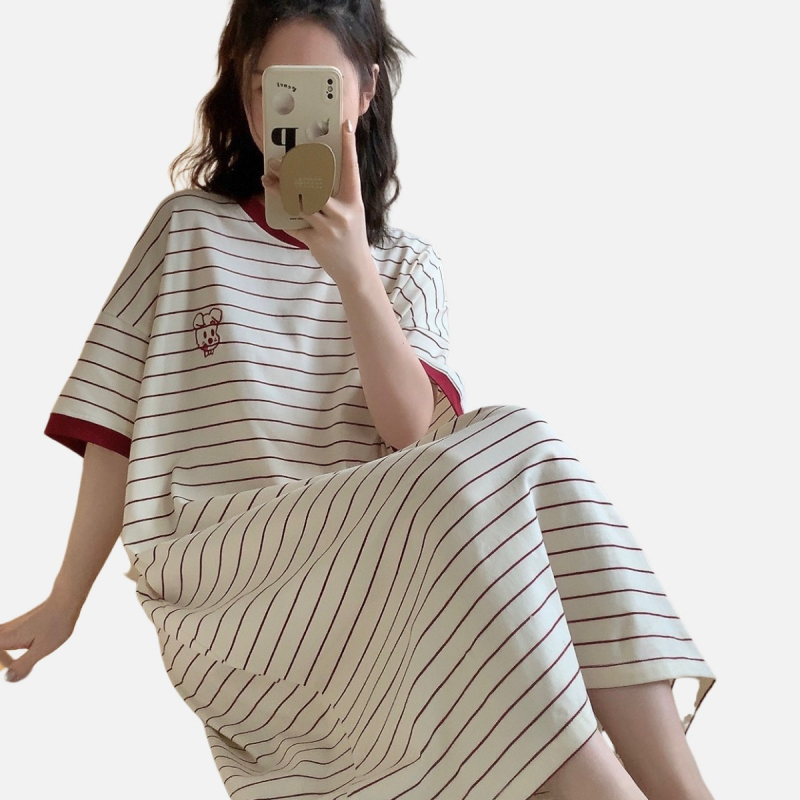 Pijama de noapte din bumbac pentru femei, cu dungi, guler rotund, mâneci 3/4, haine casual pentru casă