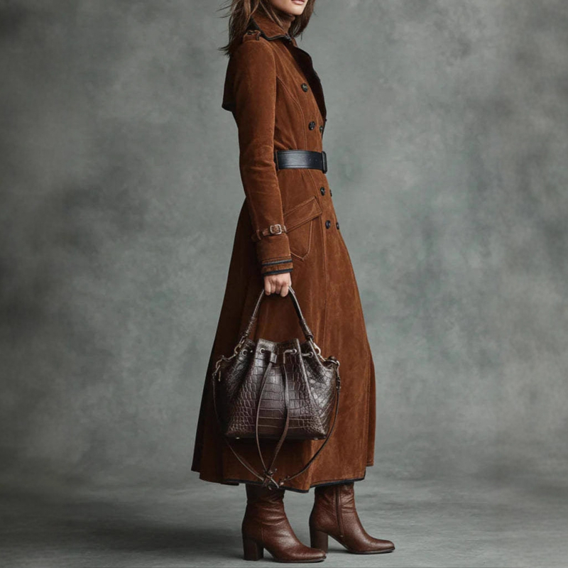 Dugački suede kaput s reverom, europsko-američki stil, jednostruko kopčanje s više gumba