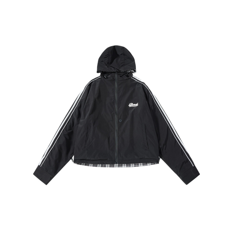 Kétoldalas kockás kabát kapucnival, poliészterből, laza szabású, középhosszú (65–80 cm)